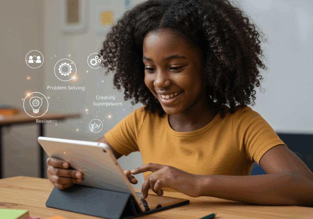 Image of a teenage girl happily coding on her tab