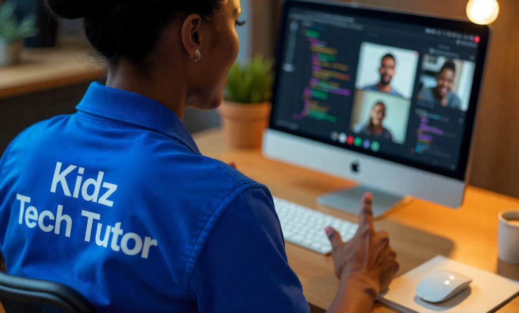 a kidz tech tutor holing a live coding session