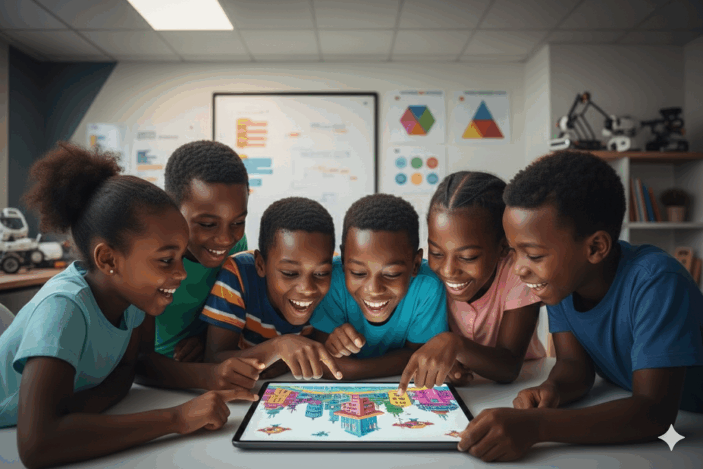 kids in coding lab generating images with AI