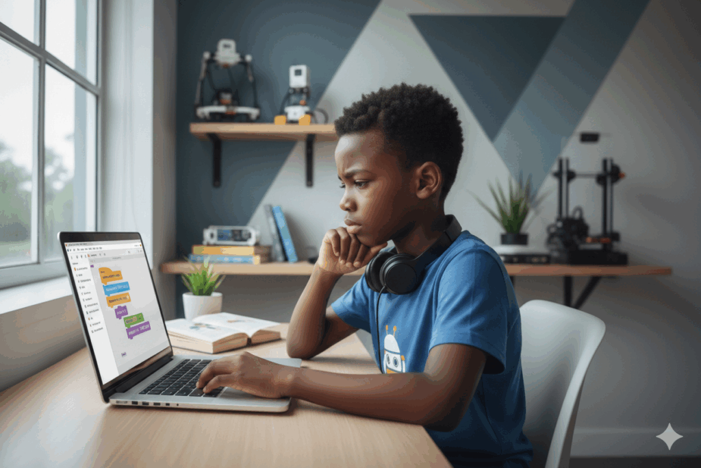 image of a boy coding on his laptop