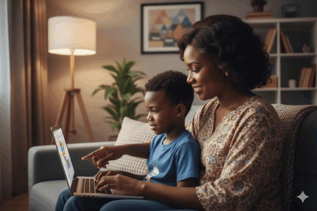 a-parent-supporting-her-son-as-he-codes-on-his-laptop