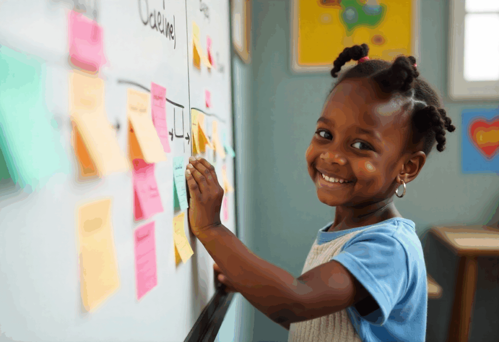 practicing algorithm happy-8yearold-nigerian-child-placing-vibrant-sticker